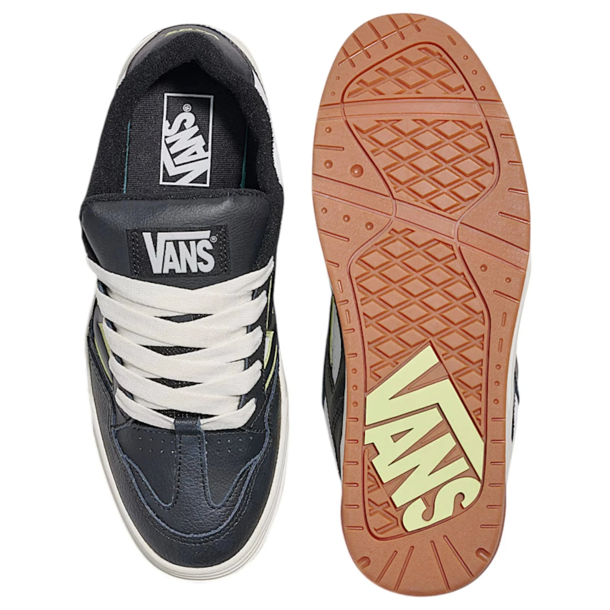 Vans Upland noir et lime, vue de dessus et semelle gomme